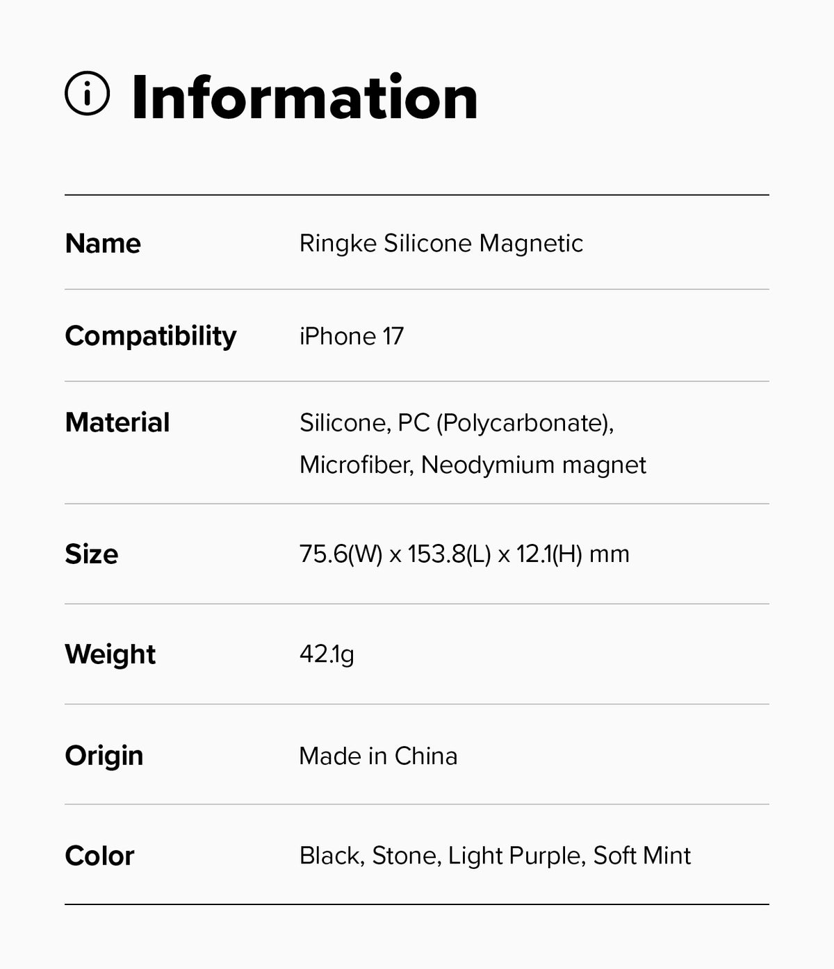 iPhone 17 Case | Silicone Magnetic - Information table listing product name, compatibility, materials, size, weight, and colors.