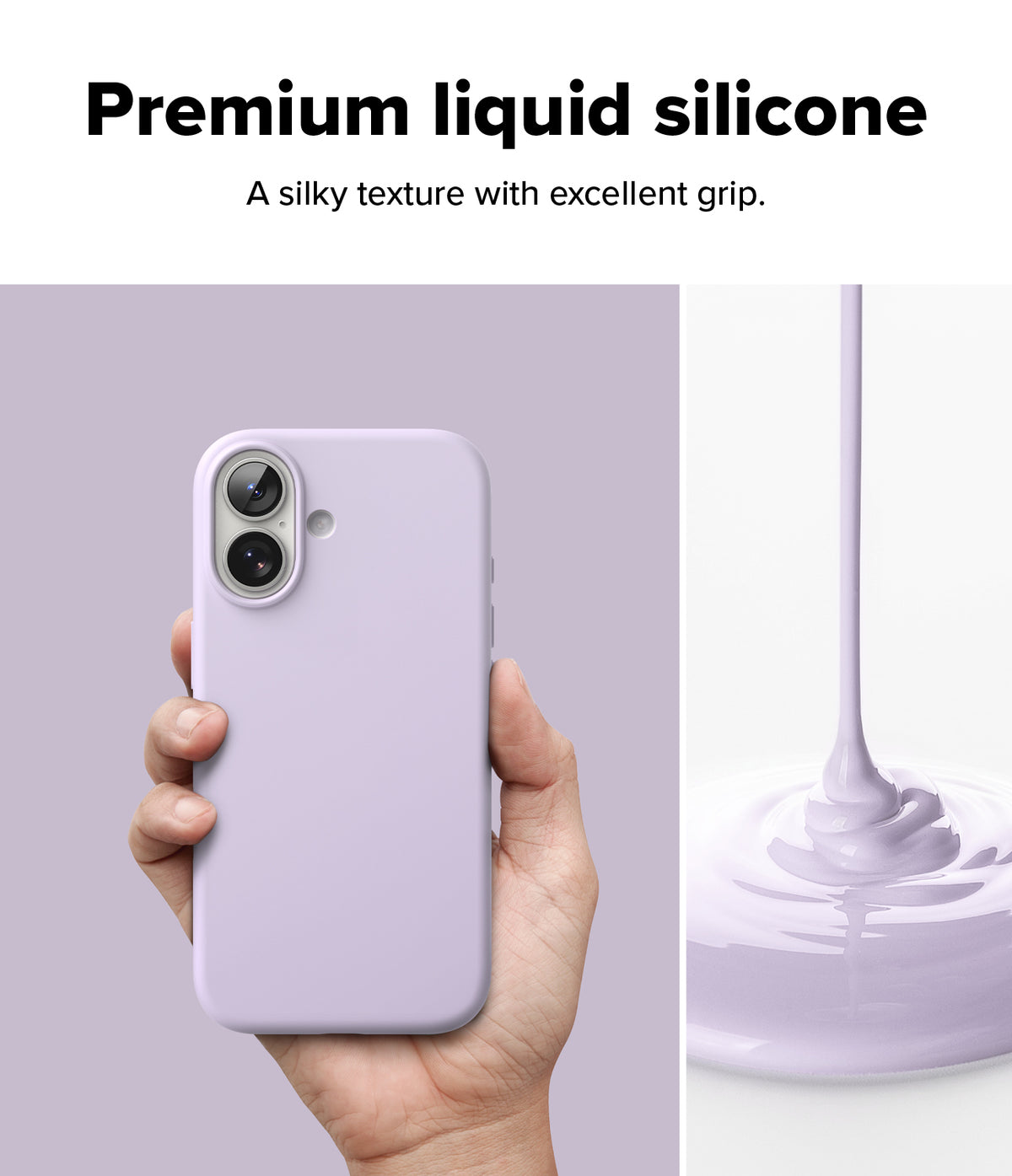 [Bundle] iPhone 17 | Silicone Magnetic - Hand holding a lavender iPhone 17 silicone case next to liquid silicone pouring.