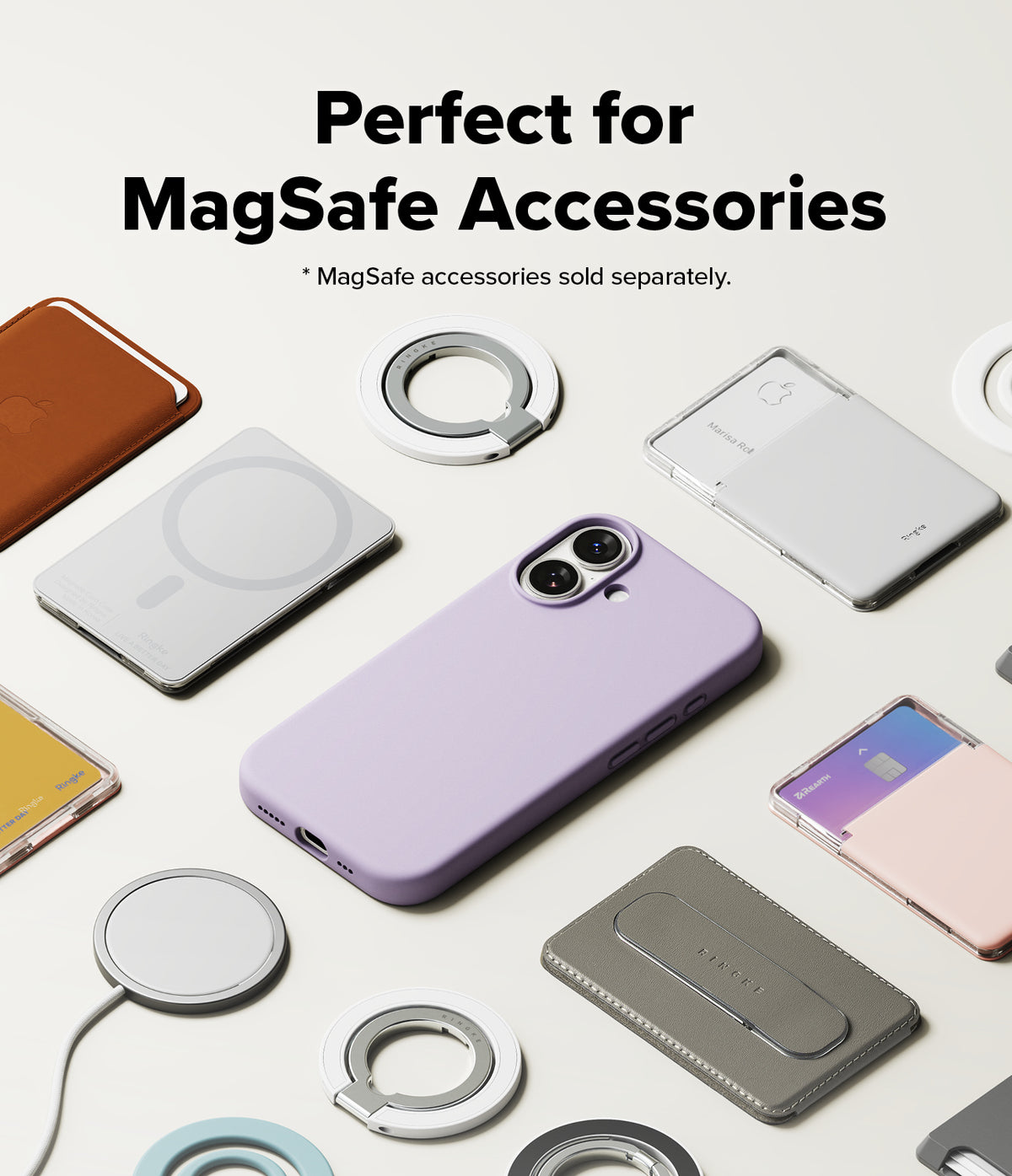 iPhone 17 Case | Silicone Magnetic - A lavender iPhone 17 case surrounded by various MagSafe accessories on a white surface.