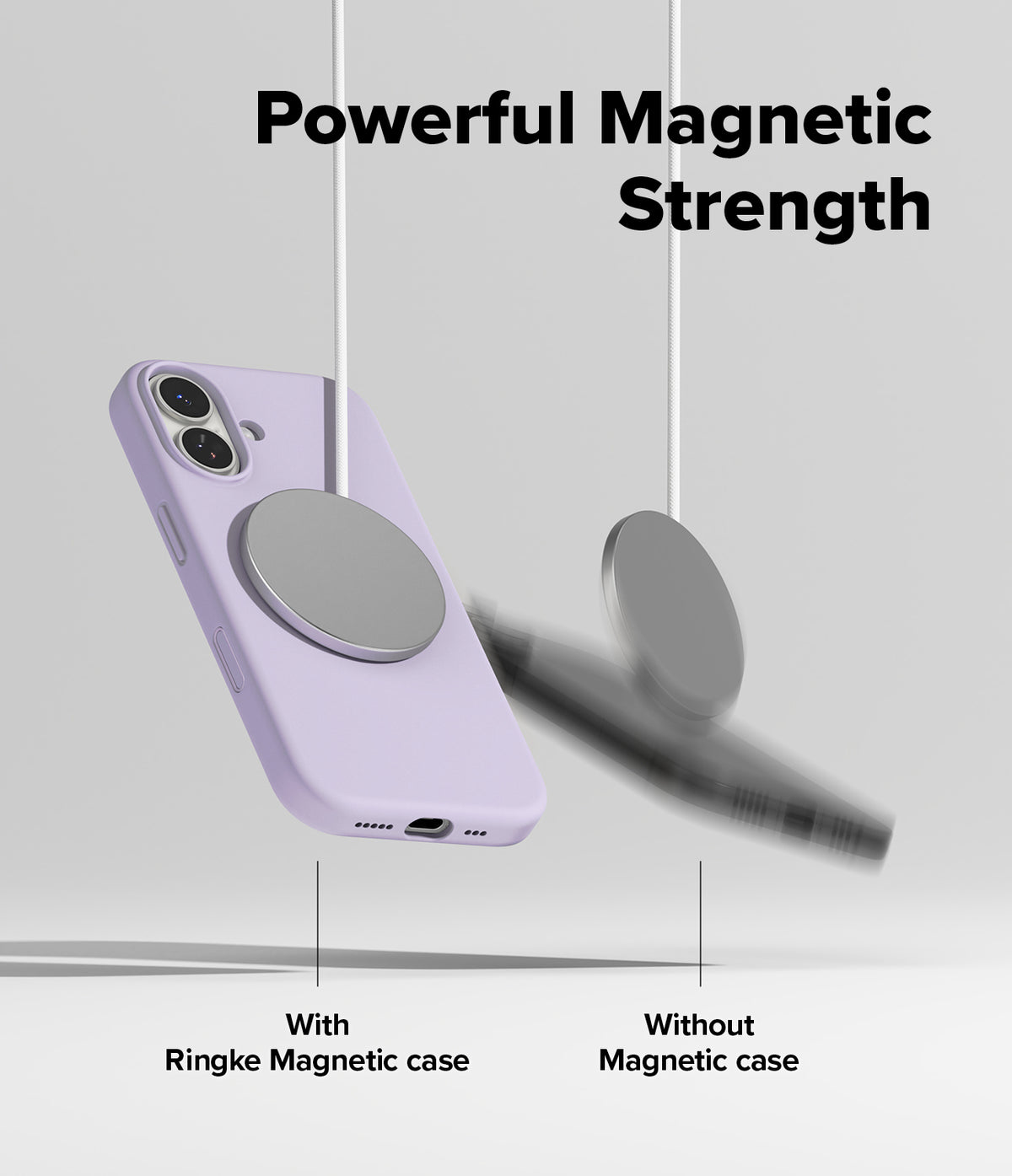 [Bundle] iPhone 17 | Silicone Magnetic - A lavender phone case stays attached to a magnetic charger while a phone without one falls.