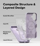 iPhone 17 Case | Silicone Magnetic - Exploded view of phone case layers: suede microfiber, hard PC, magnet, and silicone.