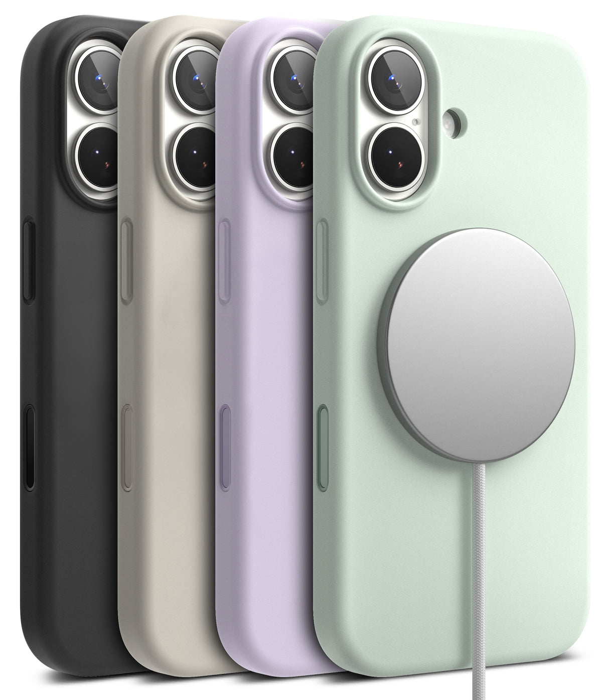 iPhone 17 Case | Silicone Magnetic - Four silicone iPhone 17 cases in black, beige, purple, and mint, with a magnetic charger on the mint case.