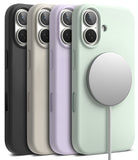 iPhone 17 Case | Silicone Magnetic - Four silicone iPhone 17 cases in black, beige, purple, and mint, with a magnetic charger on the mint case.