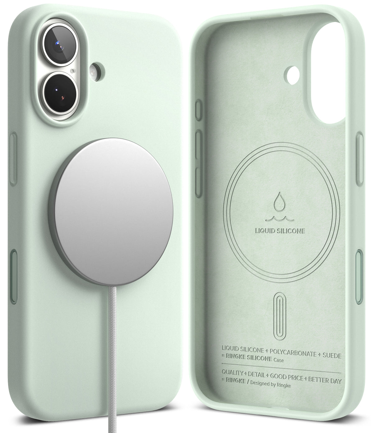 iPhone 17 Case | Silicone Magnetic - Mint green magnetic silicone phone case shown from the back and interior.
