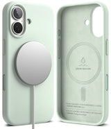 iPhone 17 Case | Silicone Magnetic - Mint green magnetic silicone phone case shown from the back and interior.