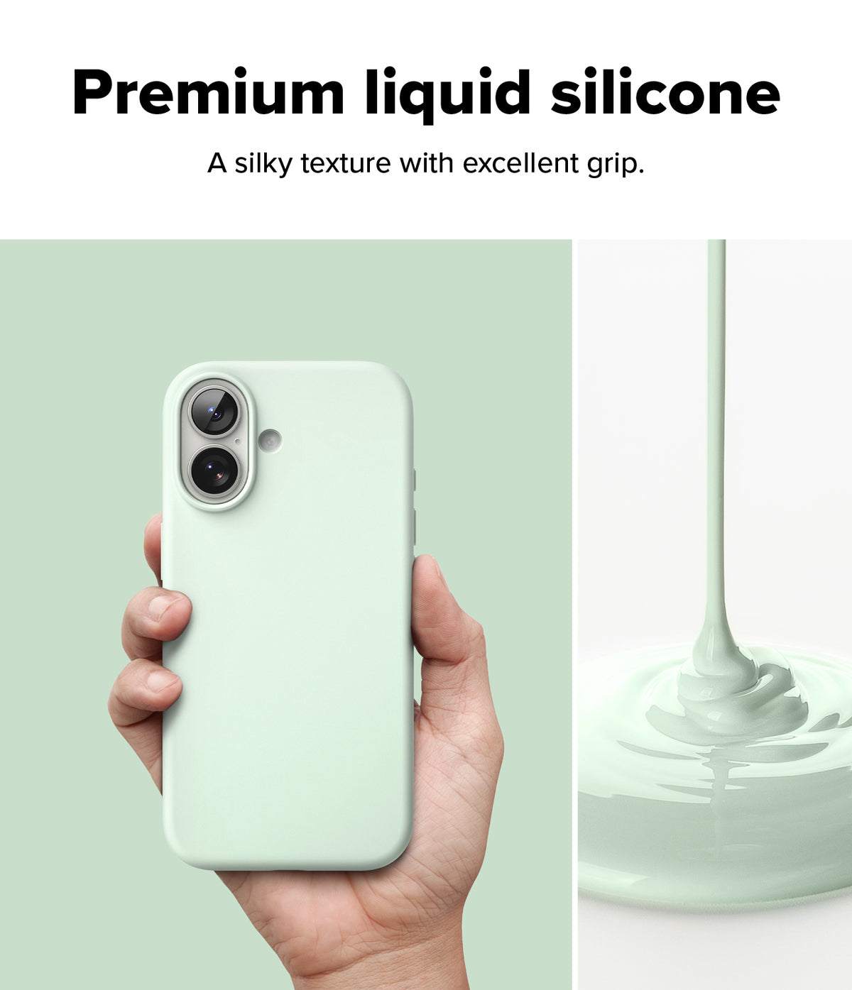 [Bundle] iPhone 17 | Silicone Magnetic - Hand holding a mint green iPhone 17 case next to pouring liquid silicone.