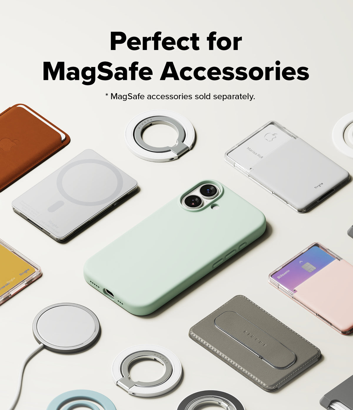 iPhone 17 Case | Silicone Magnetic - Mint green iPhone case surrounded by various MagSafe wallets, chargers, and rings.