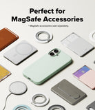iPhone 17 Case | Silicone Magnetic - Mint green iPhone case surrounded by various MagSafe wallets, chargers, and rings.