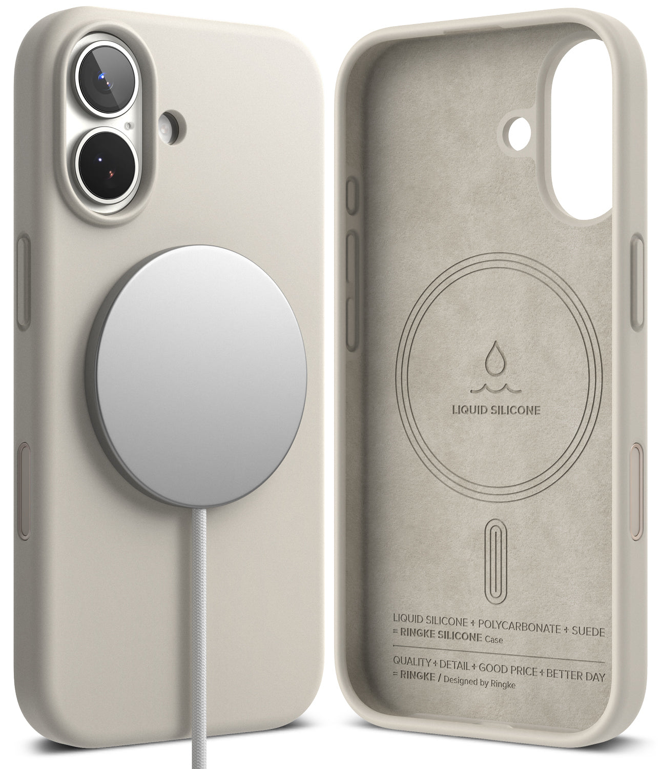 iPhone 17 Case | Silicone Magnetic - Beige silicone case shown from back with magnetic charger and interior view.