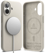 iPhone 17 Case | Silicone Magnetic - Beige silicone case shown from back with magnetic charger and interior view.