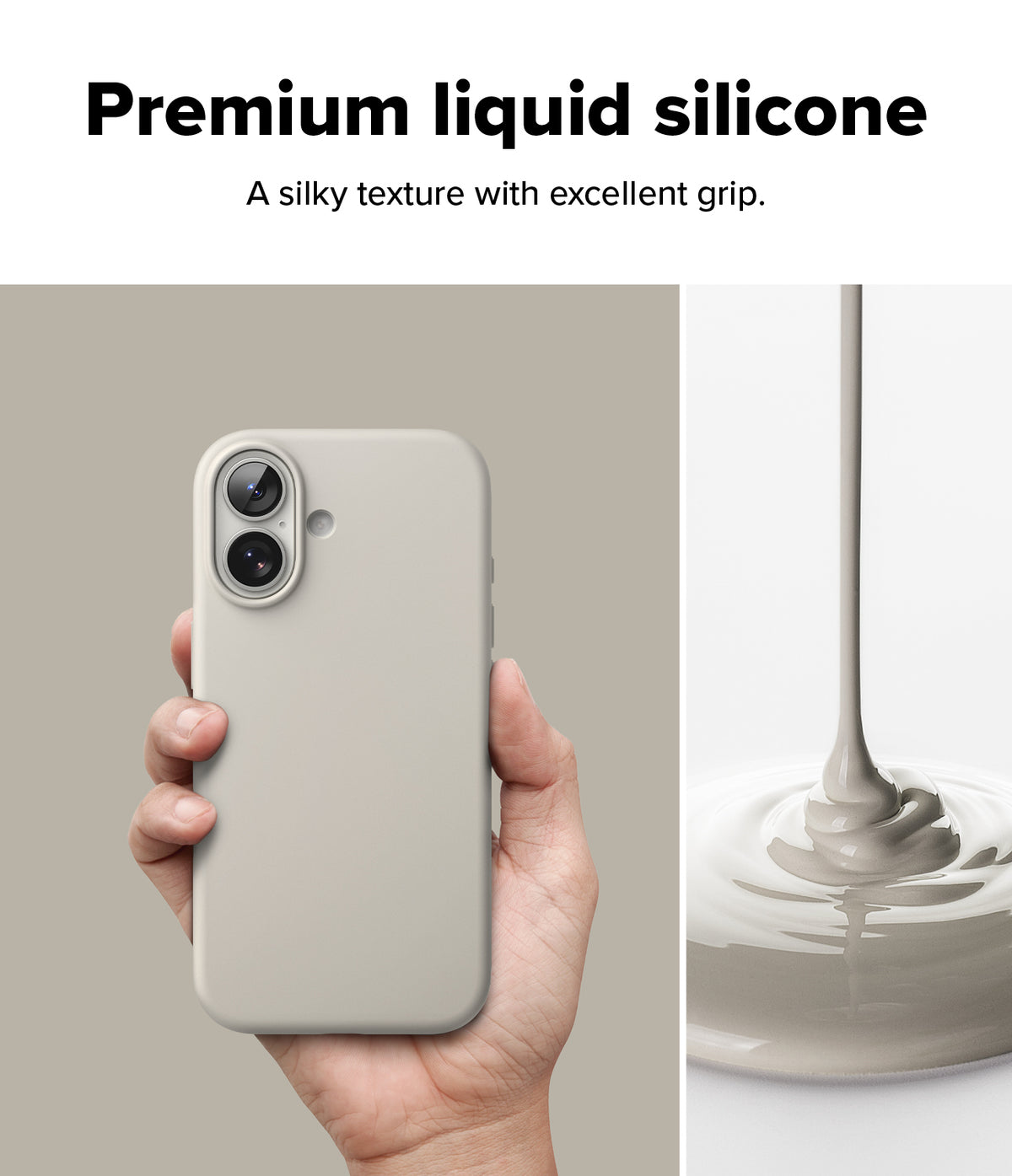 [Bundle] iPhone 17 | Silicone Magnetic - iPhone 17 | Silicone Magnetic - Hand holding a beige silicone phone case next to liquid silicone pouring into a pool.