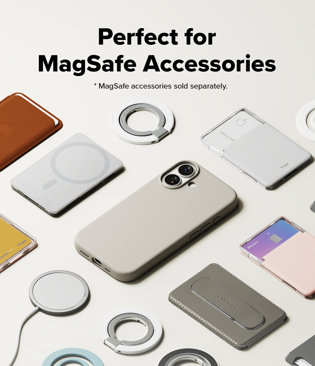 iPhone 17 Case | Silicone Magnetic - A beige silicone iPhone 17 case surrounded by various MagSafe accessories on a light background.