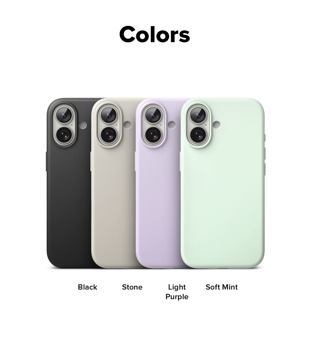 iPhone 17 Case | Silicone Magnetic - Four iPhone 17 cases in black, stone, light purple, and soft mint arranged in a row.