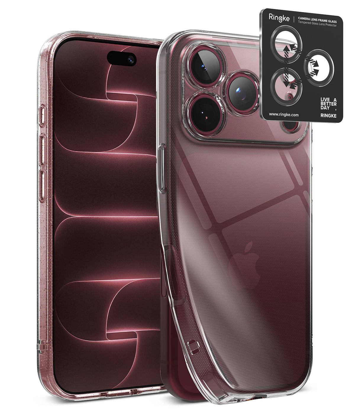 [Bundle] iPhone 18 Pro / Pro Max | Air + AR Protectors - A clear protective phone case shown on a smartphone, with a black Ringke camera lens protector sticker applied to the rear camera area. The Apple logo is visible through the transparent case, and the Ringke brand is visible on the black lens protector.