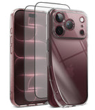 [Bundle] iPhone 18 Pro / Pro Max | Air + Protectors - A clear protective phone case shown on a smartphone, alongside two matching transparent screen protectors with black corner guards and a thin black top frame, all on a clean white background.