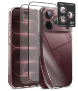 [Bundle] iPhone 18 Pro / Pro Max | Air + Protectors - Clear protective phone case with a raised camera bumper and two full-frame screen protectors shown over a smartphone, plus a black Ringke camera lens protector sticker on a white background.