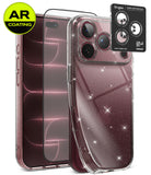 [Bundle] iPhone 18 Pro / Pro Max | Air + AR Protectors - A clear glitter phone case shown on a smartphone, alongside two AR-coated screen protectors and a Ringke camera lens protector sticker. The case is transparent with fine silver glitter, and the image is set against a clean white background with a green and yellow AR Coating badge in the top-left corner.