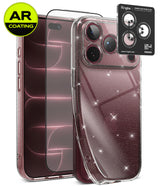 [Bundle] iPhone 18 Pro / Pro Max | Air + AR Protectors - A clear glitter phone case shown on a smartphone, alongside two AR-coated screen protectors and a Ringke camera lens protector sticker. The case is transparent with fine silver glitter, and the image is set against a clean white background with a green and yellow AR Coating badge in the top-left corner.