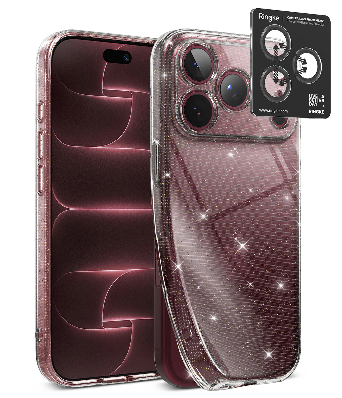 [Bundle] iPhone 18 Pro / Pro Max | Air + AR Protectors - A clear, sparkly Ringke phone case shown on a smartphone, with the back view featuring glittery transparent panels and a black camera-protective ring accessory displayed above.