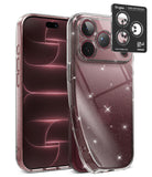 [Bundle] iPhone 18 Pro / Pro Max | Air + AR Protectors - A clear, sparkly Ringke phone case shown on a smartphone, with the back view featuring glittery transparent panels and a black camera-protective ring accessory displayed above.