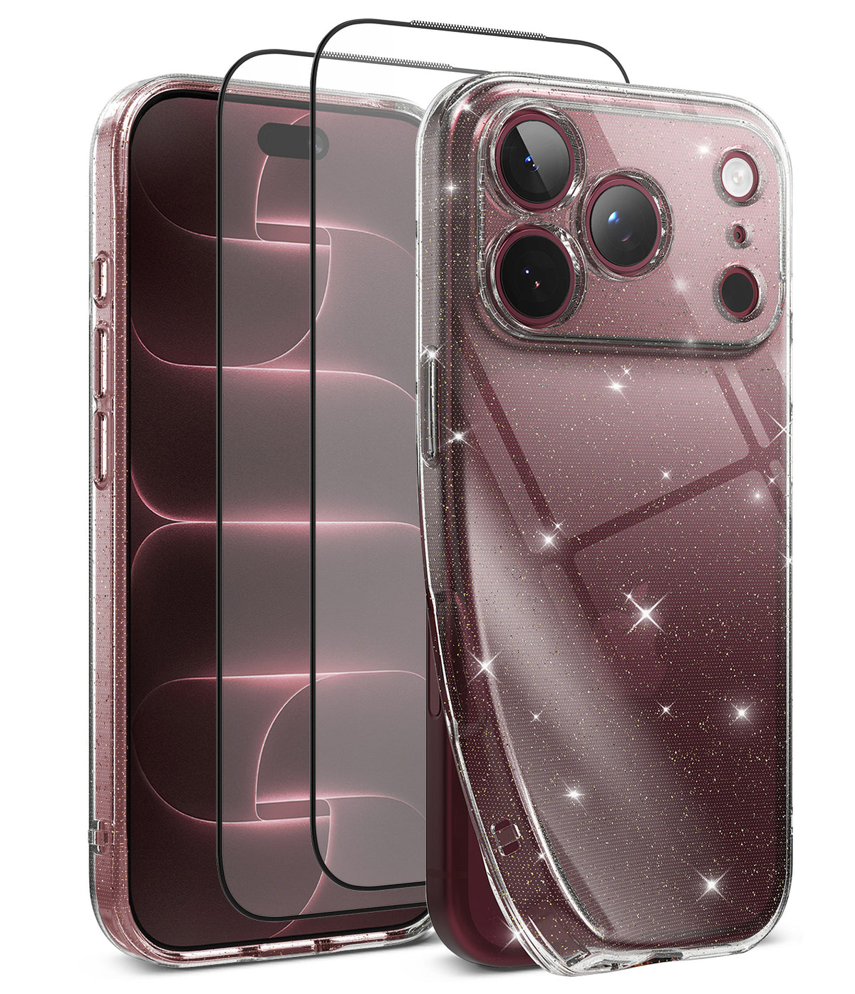 [Bundle] iPhone 18 Pro / Pro Max | Air + Protectors - A clear glitter phone case shown on a smartphone, alongside two transparent screen protectors with black borders, all isolated on a white background.
