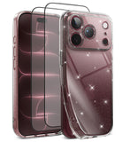 [Bundle] iPhone 18 Pro / Pro Max | Air + Protectors - A clear glitter phone case shown on a smartphone, alongside two transparent screen protectors with black borders, all isolated on a white background.
