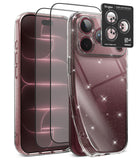 [Bundle] iPhone 18 Pro / Pro Max | Air + Protectors - A clear protective phone case with silver glitter and a matching camera lens guard, shown on a smartphone alongside two transparent screen protectors and a black Ringke brand camera lens guard insert.