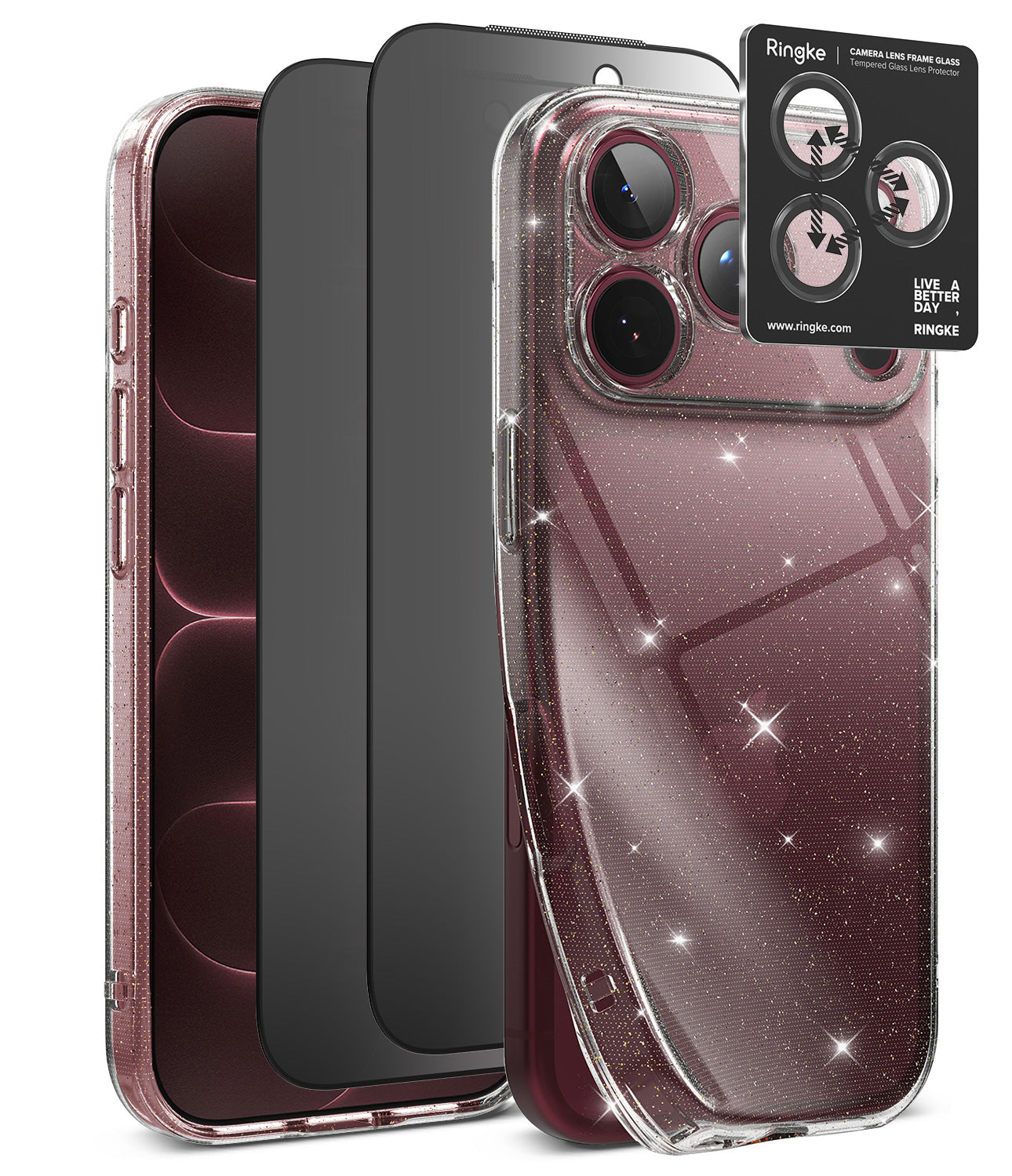 [Bundle] iPhone 18 Pro / Pro Max | Air + Privacy Protectors - Three Ringke phone cases shown on smartphones: a clear glitter case in front, a dark gray case behind it, and a black camera protector sticker on the front phone. The Ringke brand is visible on the black sticker.