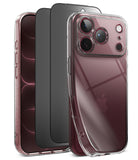 [Bundle] iPhone 18 Pro / Pro Max | Air + Privacy Protectors - Three clear phone cases shown on smartphones against a white background, with the front case most prominent and showing a transparent back with camera cutouts.