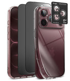 [Bundle] iPhone 18 Pro / Pro Max | Air + Privacy Protectors - Three smartphone cases shown on phones against a black background: a clear case on the right, a dark gray case in the middle, and a black case on the left. A small Ringke camera lens protector sticker is shown at the top right.