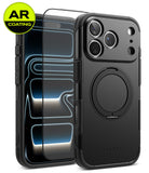 [Bundle] iPhone 18 Pro / Pro Max | Alles + AR Protectors - Black protective phone case with a built-in circular magnetic ring, shown alongside two clear tempered glass screen protectors and a yellow AR Coating badge. The brand name 'RINGKE' is subtly printed on the bottom of the case.