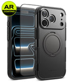 [Bundle] iPhone 18 Pro / Pro Max | Alles + AR Protectors - Black protective phone case with a built-in circular magnetic ring, shown alongside two clear screen protectors with AR coating and a yellow AR Coating badge. The brand name 'SINGKE' is subtly printed near the bottom of the case.