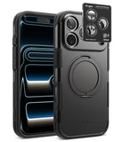 [Bundle] iPhone 18 Pro / Pro Max | Alles + AR Protectors - A black protective phone case shown from the back, with a smartphone inserted. The case has a circular ring holder on the back, a raised camera cutout area, and a small Ringke camera lens protector sticker applied near the top right.