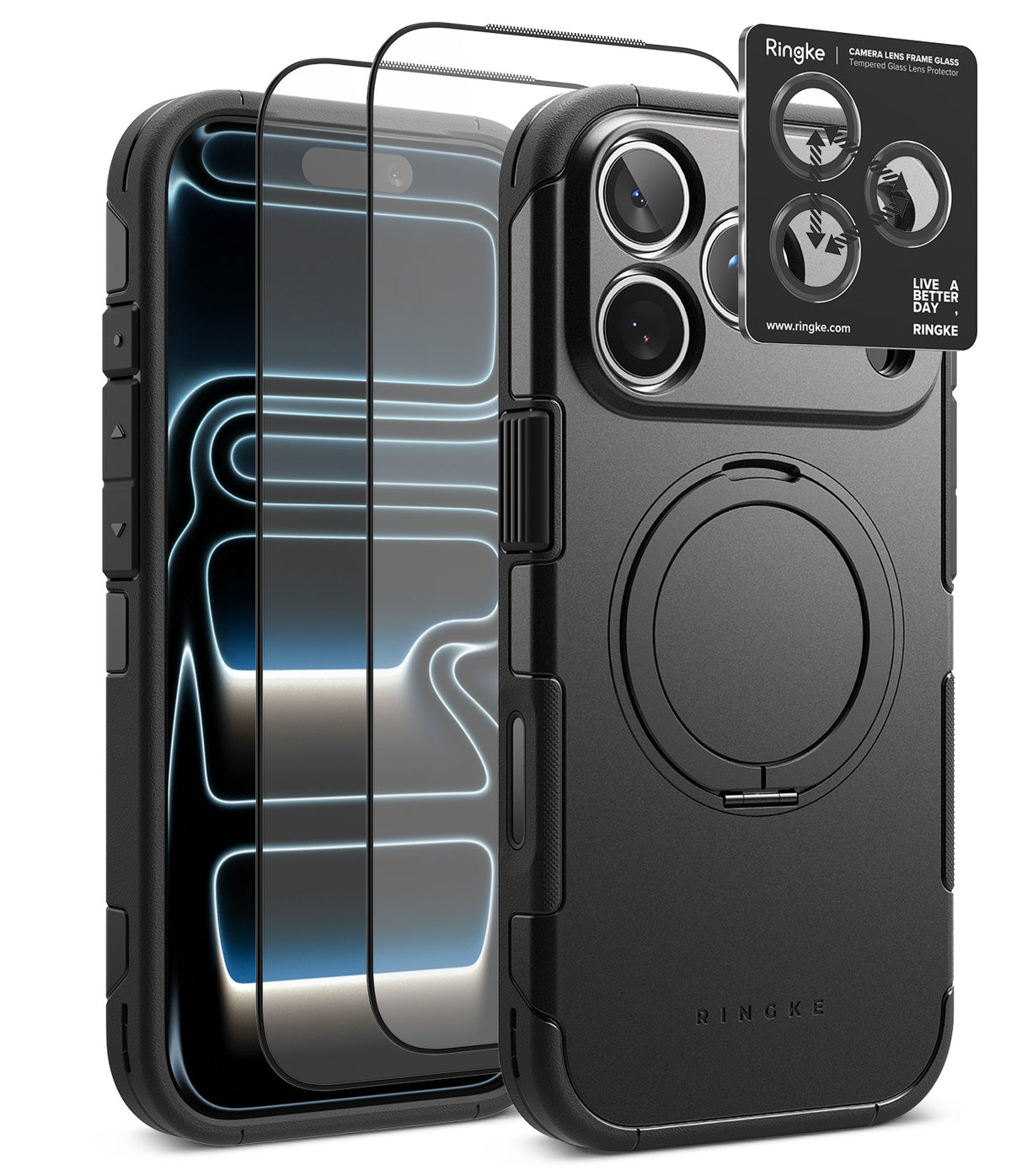 [Bundle] iPhone 18 Pro / Pro Max | Alles + Protectors - Black Ringke phone case with a built-in circular magnetic ring, shown alongside two clear tempered glass screen protectors and a small Ringke camera lens protector card on a white background.
