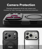 iPhone 18 Pro Max Case | Alles - Black phone case with a raised camera protection module and circular MagSafe ring, shown on a phone from the back. The image includes text reading 'Camera Protection' and two smaller examples at the bottom labeled 'Ringke' and 'Others' showing the case fitted on different phone back finishes.