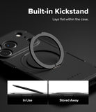 iPhone 18 Pro Max Case | Alles - Black phone case with a built-in circular kickstand ring, shown on a dark background with text reading 'Built-in Kickstand' and two small inset photos demonstrating 'In Use' and 'Stored Away'.