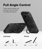 iPhone 18 Pro Max Case | Alles - Black protective phone case with a built-in kickstand, shown from multiple angles with text explaining full-angle control and landscape/portrait positions on a light gray background.