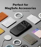iPhone 18 Pro Max Case | Alles - A black MagSafe-compatible phone case with a circular magnetic ring, shown among other MagSafe accessories on a gray background. Text at the top reads 'Perfect for MagSafe Accessories' with a note that MagSafe accessories are sold separately.