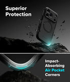 iPhone 18 Pro Max Case | Alles - A dark gray rugged phone case with a circular magnetic ring is shown floating above a rocky surface, with text reading 'Superior Protection' and 'Impact-Absorbing Air Pocket Corners.' The lower panel shows a close-up of the curved corner protection with glowing cyan accents.