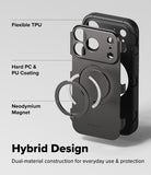 iPhone 18 Pro Max Case | Alles - A black hybrid phone case with a circular magnetic ring and camera cutout, shown on a light gray background with text labels describing its features: Flexible TPU, Hard PC & PU Coating, and Neodymium Magnet.