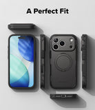 iPhone 18 Pro Max Case | Alles - A black protective phone case shown from multiple angles on a light gray background, with the text 'A Perfect Fit' at the top. The case is displayed on a smartphone, with front, side, and back views highlighting its design, MagSafe ring, and camera cutouts.