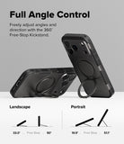 iPhone 18 Pro Max Case | Alles - Black protective phone case with a built-in kickstand, shown from multiple angles with text explaining full-angle control and landscape/portrait positions on a light gray background.