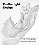 iPhone 18 Pro / Pro Max Case Air all-groups - Transparent phone case with a clear featherlight design, shown floating on a white background with draped white fabric and text describing its ultra-lightweight 28.6g design.
