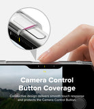 iPhone 18 Pro / Pro Max Case Air all-groups - A close-up of a hand pressing the camera control button of a smartphone, with a circular inset showing a transparent protective cover over the button. Text on the image reads 'Camera Control Button Coverage' and describes a conductive design that delivers smooth touch response and protection.