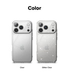 iPhone 18 Pro / Pro Max Case Air all-groups - Two clear phone cases shown on a smartphone back, labeled 'Clear' and 'Glitter Clear' under the heading 'Color'. The left case is transparent and mirror-like, while the right case is transparent with fine silver glitter and sparkle effects.