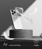 iPhone 18 Pro Max Case | Air - Transparent protective phone case for iPhone 18 Pro Max, shown floating above a dark gray pedestal with a white iPhone behind it. The image is monochrome with feather props and text reading 'Air for iPhone 18 Pro Max' and 'Ringke'.