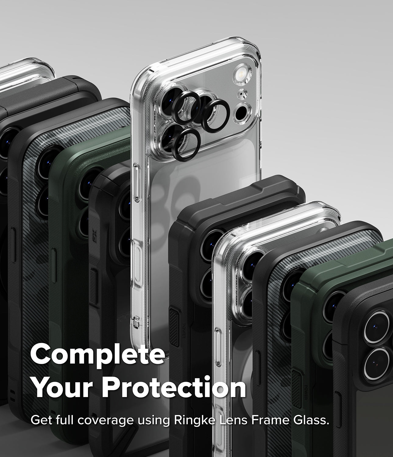iPhone 18 Pro Max Case | Air - A promotional product image showing multiple smartphone cases arranged in a fan-like stack, including transparent, black, gray, and dark green options. The center case is clear with a black camera ring accessory visible.