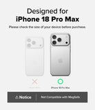 iPhone 18 Pro Max Case | Air - Compatibility graphic for a phone case designed for the iPhone 18 Pro Max, showing a white case on a smaller phone and a silver case on a larger phone, with text stating it is designed for iPhone 18 Pro Max and not compatible with MagSafe.