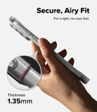 iPhone 18 Pro Max Case | Air - A hand holds a slim transparent phone case over a light gray background, with text reading 'Secure, Airy Fit' and a circular inset showing a close-up of the case edge and a 1.35mm thickness claim.