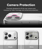 iPhone 18 Pro Max Case | Air - Promotional graphic for a clear camera protection case shown on a smartphone. The top section has text reading 'Camera Protection' and shows the case installed on the phone, with pink ring accents around the camera openings.